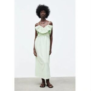 Zara Mint Green Ruffle Flounce Neck Eyelet Cotton Empire Waist Maxi Dress Size L